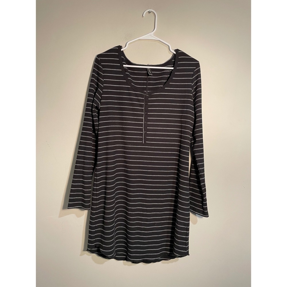 Gentle Fawn Black and White Striped Henley Ribbed Long Sleeve TShirt Dress Large